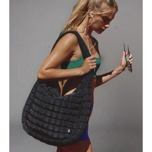 Free People FP Movement Quilted Carryall Hobo Bag - BLACK